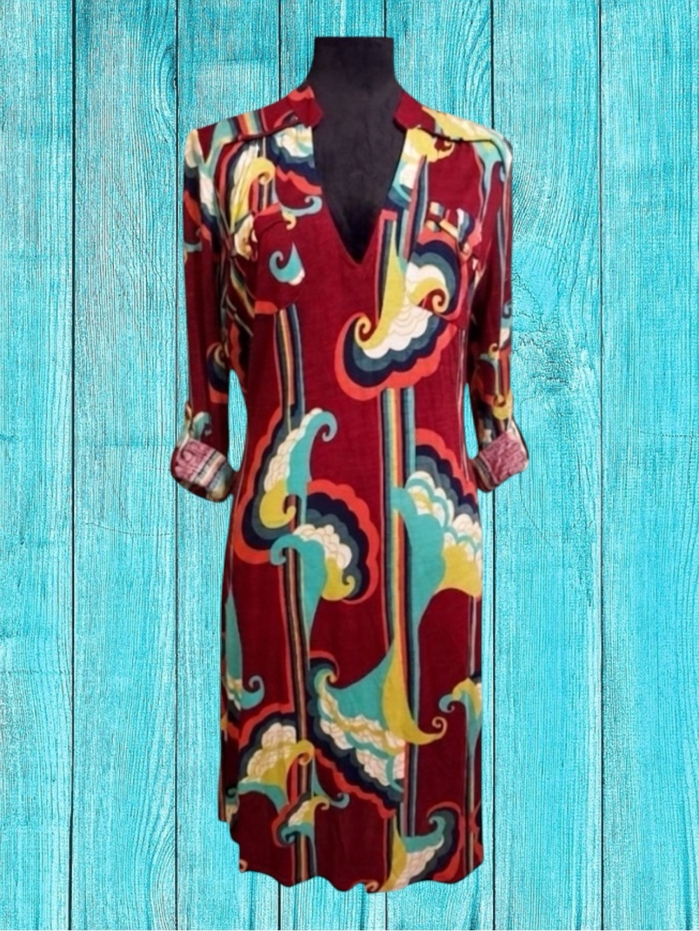 T-bags Los Angeles Shirt Dress Retro Indie Abstract Pattern Roll-Tab Sleeve M